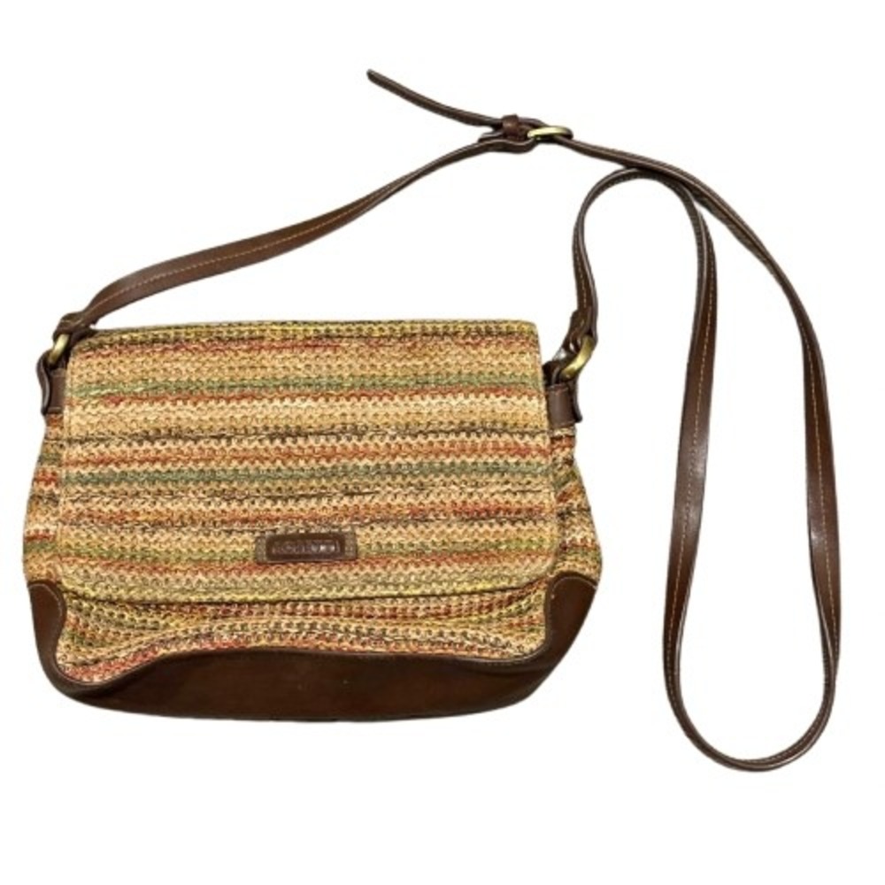 Rosetti Woven Straw Crossbody Bag Multicolor Brown Faux Leather Trim Boho Hippie